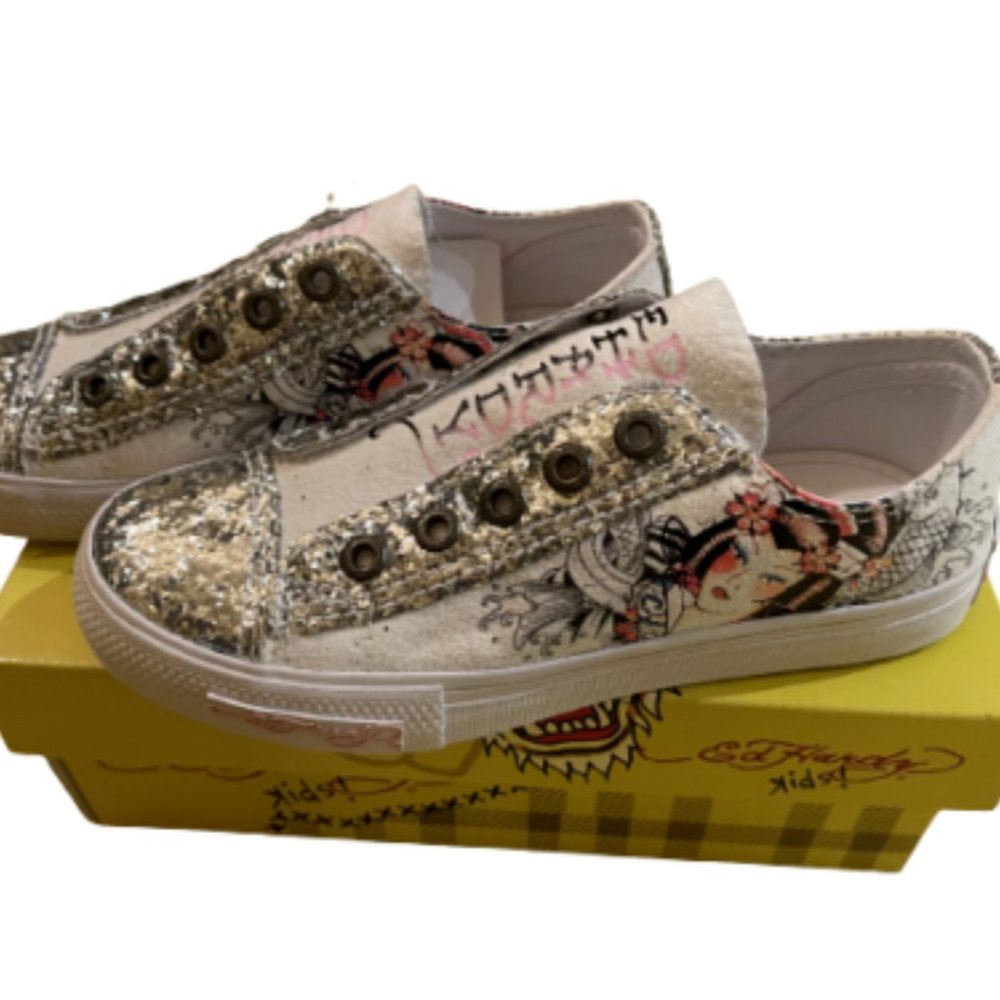 ED HARDY KIDS SNEAKERS SHOES WHITE/SILVER GLITTER